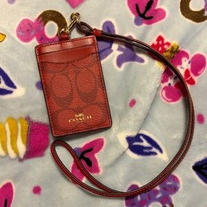 Coach red leather ID lanyard